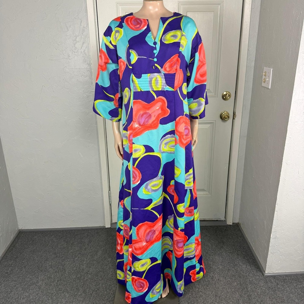 Vintage 70s Dress Tori Richard Honolulu Hawaiian Polyester Maxi Retro Bright V28